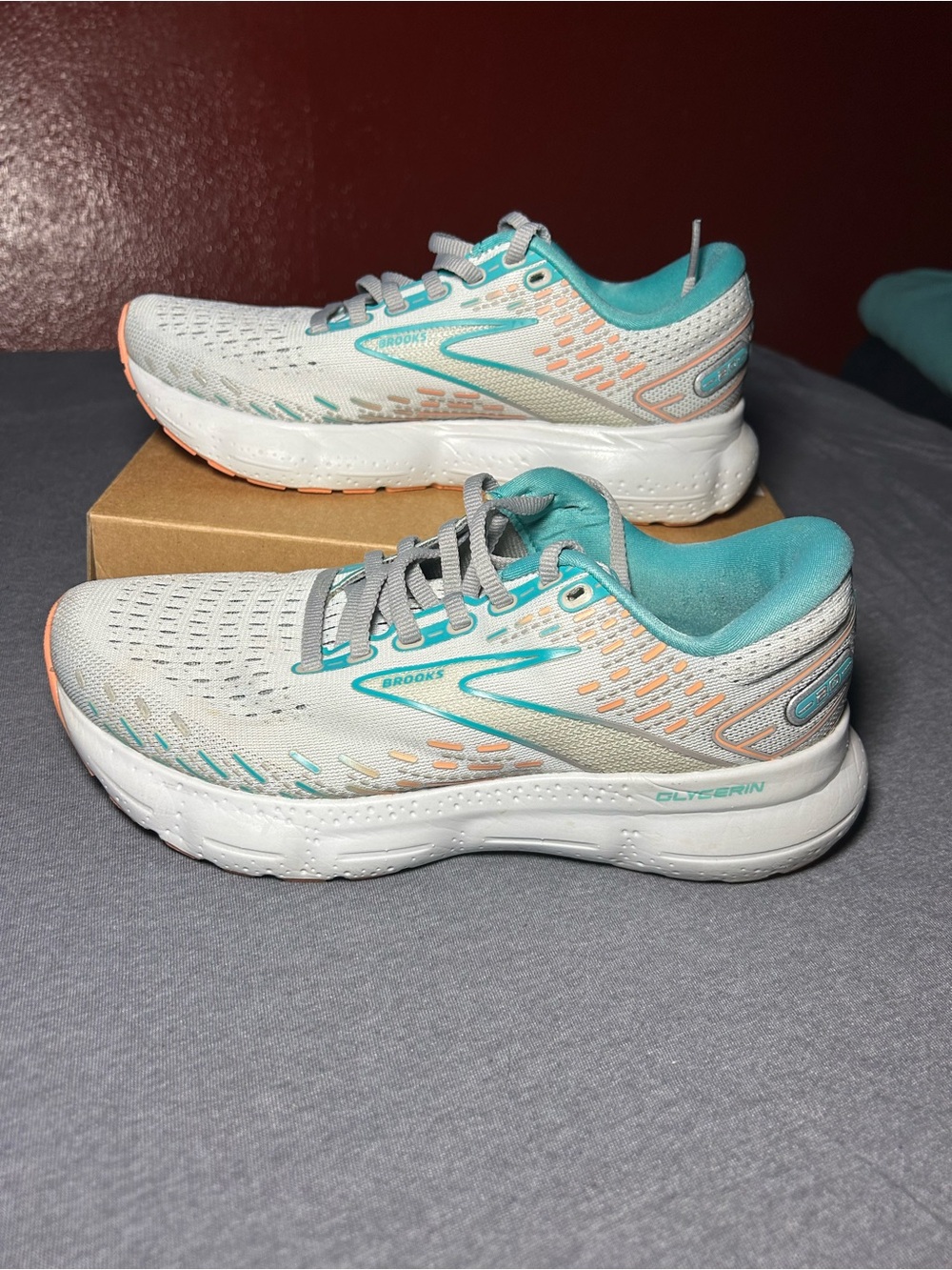 Brooks Glycerin Women’s Running Shoes — White with Teal and Peach Accents